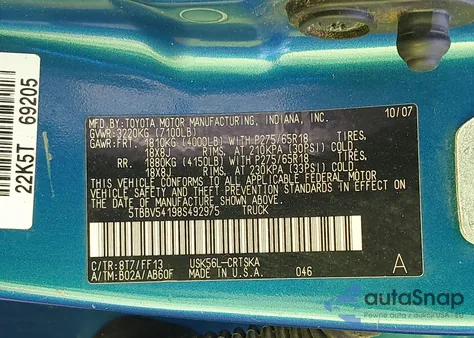 2008 Toyota Tundra Sr5 5.7L V8 из США, поврежденный, VIN 5TBBV54198S492975